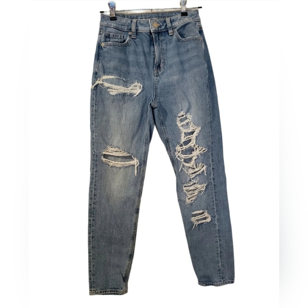 ♥️ AMERICAN EAGLE WOMEN’S MOM JEAN SIZE 00 COMFORT STRETCH WAISTBAND DESTROYED ♥